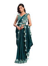 Sea Green Crape Satin Silk Embroidered Ready to Wear Saree